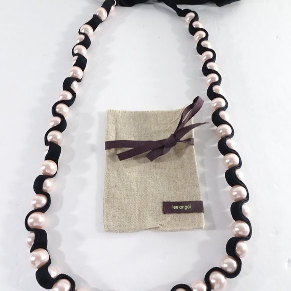 NWT Lee Angel Pink Glass Pearl Ribbon Tie statement Necklace NWT 450 - Picture 4 of 5